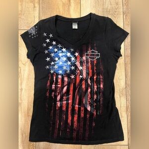Harley-Davidson Ladies Black Tee with White Script and American Flag Detail